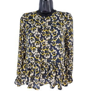 Madewell Women Size XS‎ Drawstring Ruffle Hem Top Viola Floral Button-up